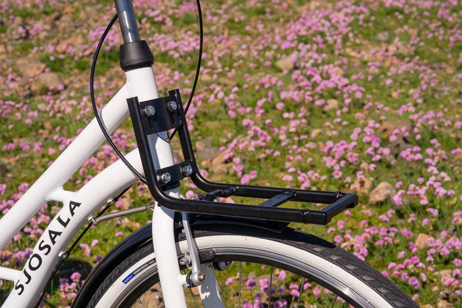 A black fron carrier on a white bicycle and flowers in the background