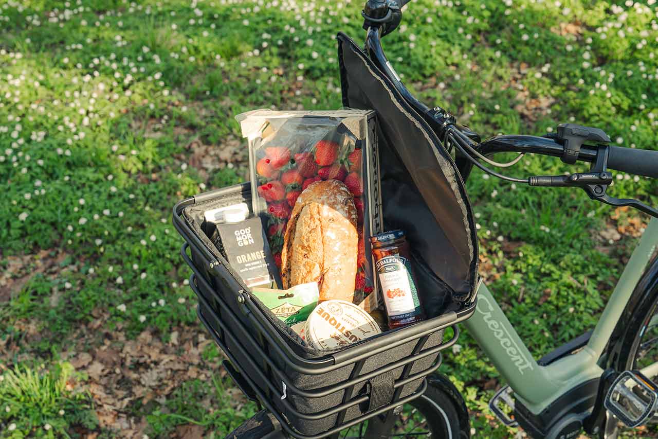A basket and a infill on a bike at a meadow filled with food
