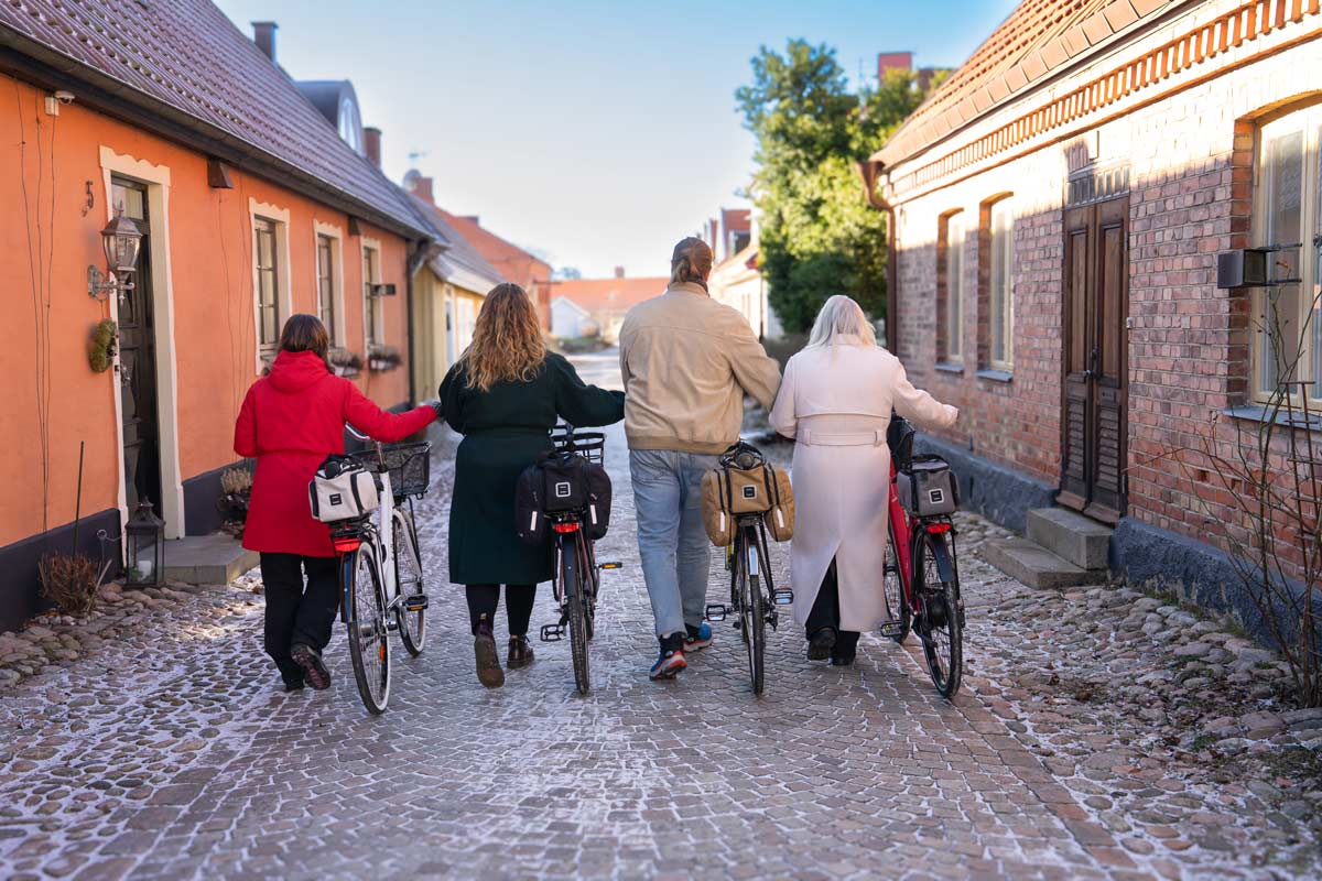 Four people from behind walking down an old town street, each of them has a bike with bags in different colors on the rear carrier.