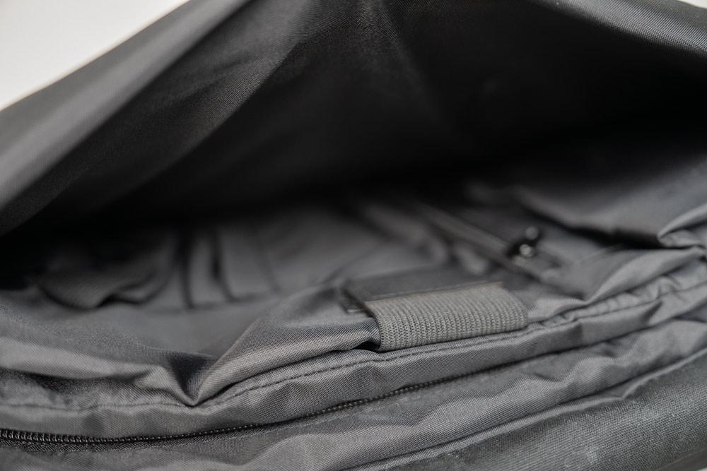 A closeup on the inside of the bag metro messenger in a studio