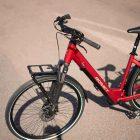 A front rack on a red bicycle, with asphalt and a forest visible in the background.