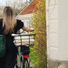 A green bike, green sidebag and a green door and a woman