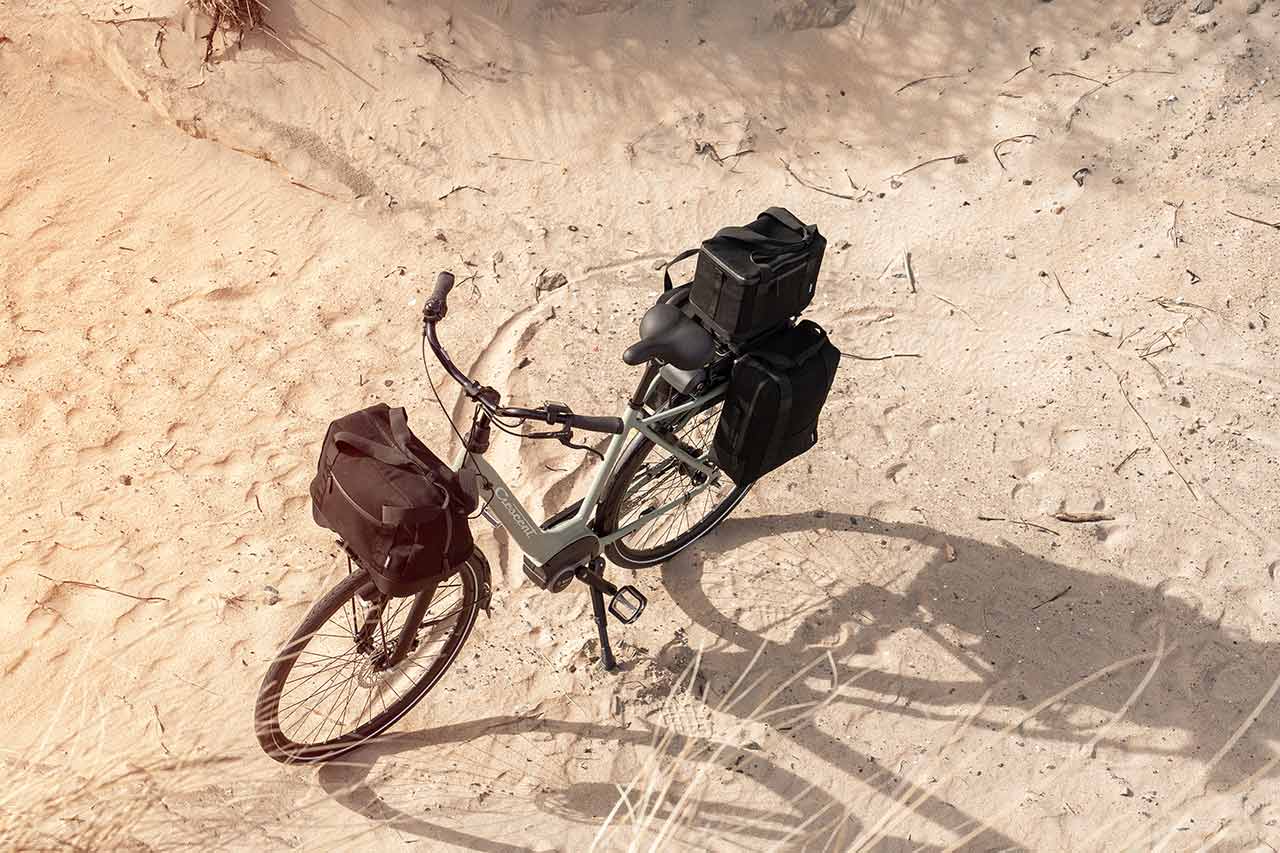 two sidebags and two topbags on a bike at the beach