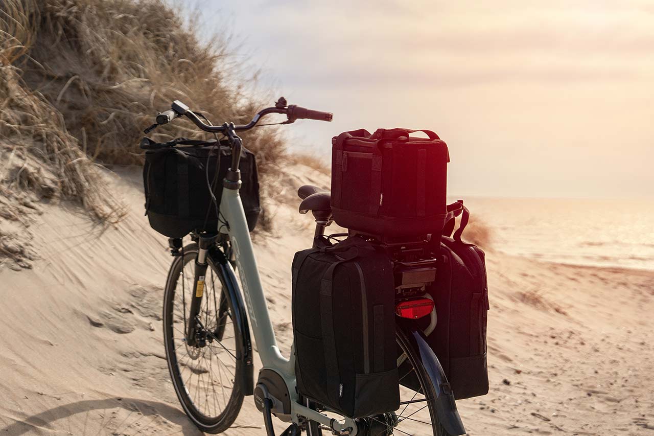 two sidebags and two topbags on a bike at the beach