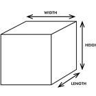 An illustrated box with arrows showing width, height and length