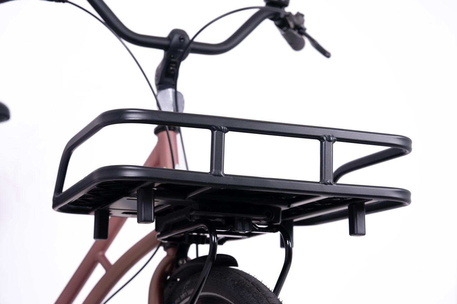 A black crate on a front carrier in a studio