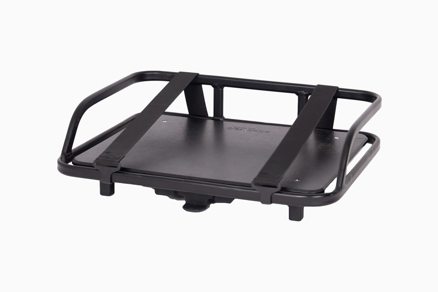 A black crate from the front with two bungycoords in a studio