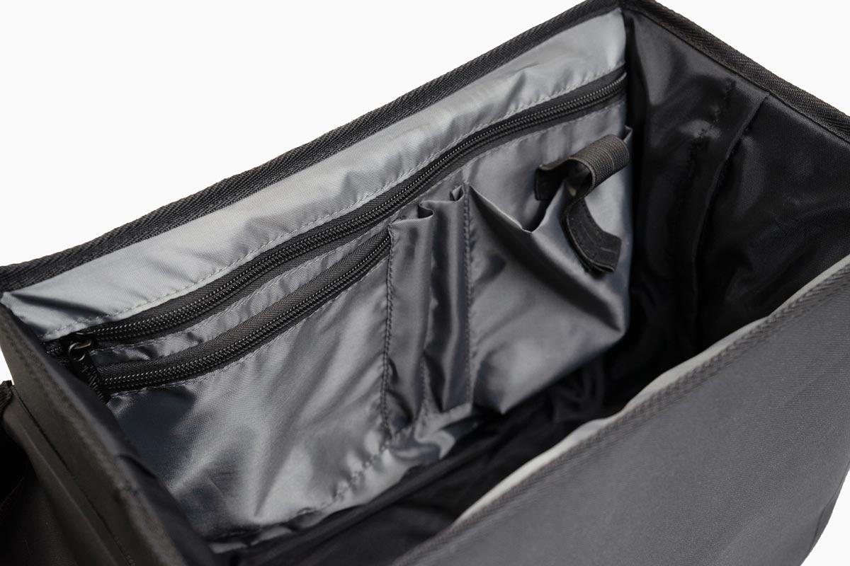 The inside of the commuter top wp bag in a studio