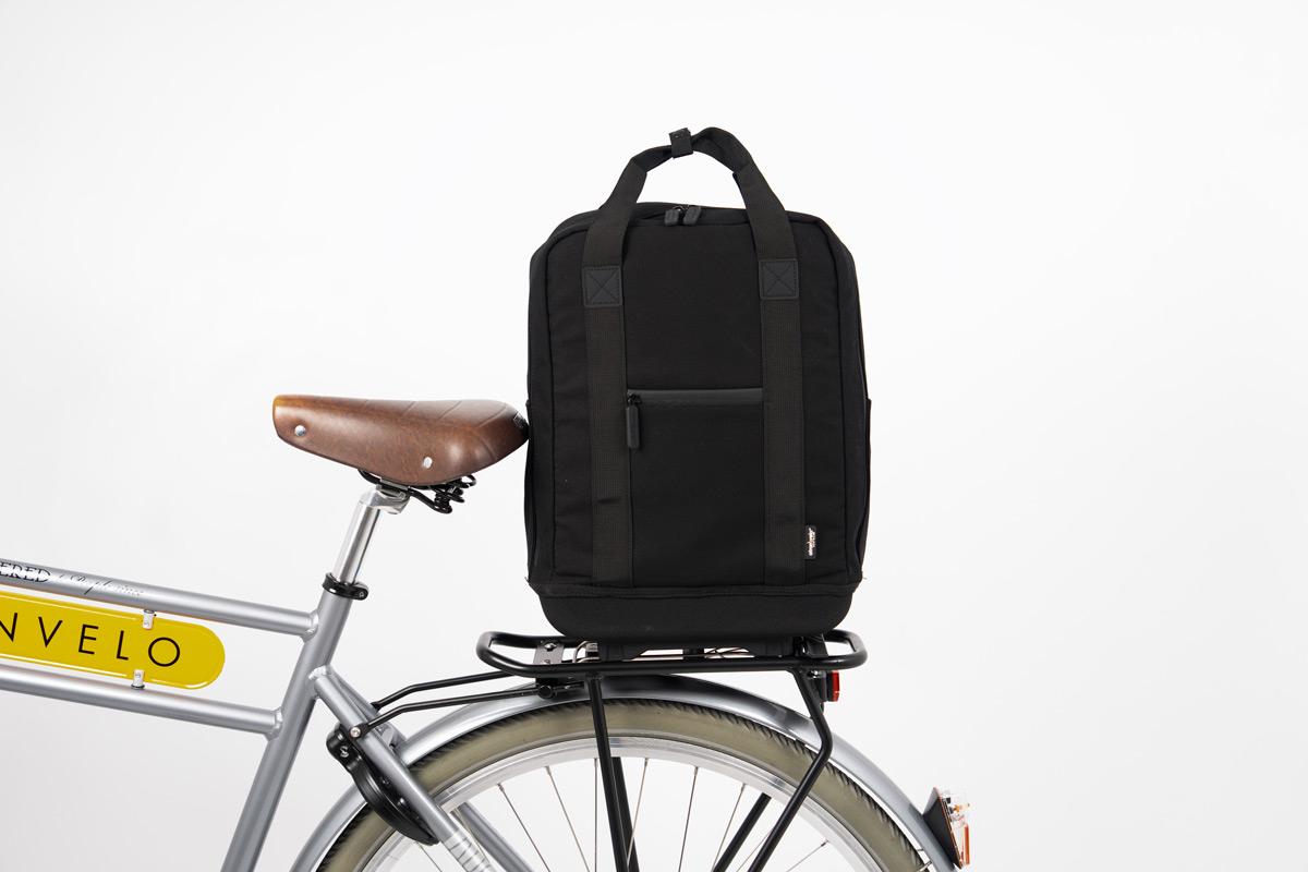 The front of the metro backpack in a studio on a rear carrier